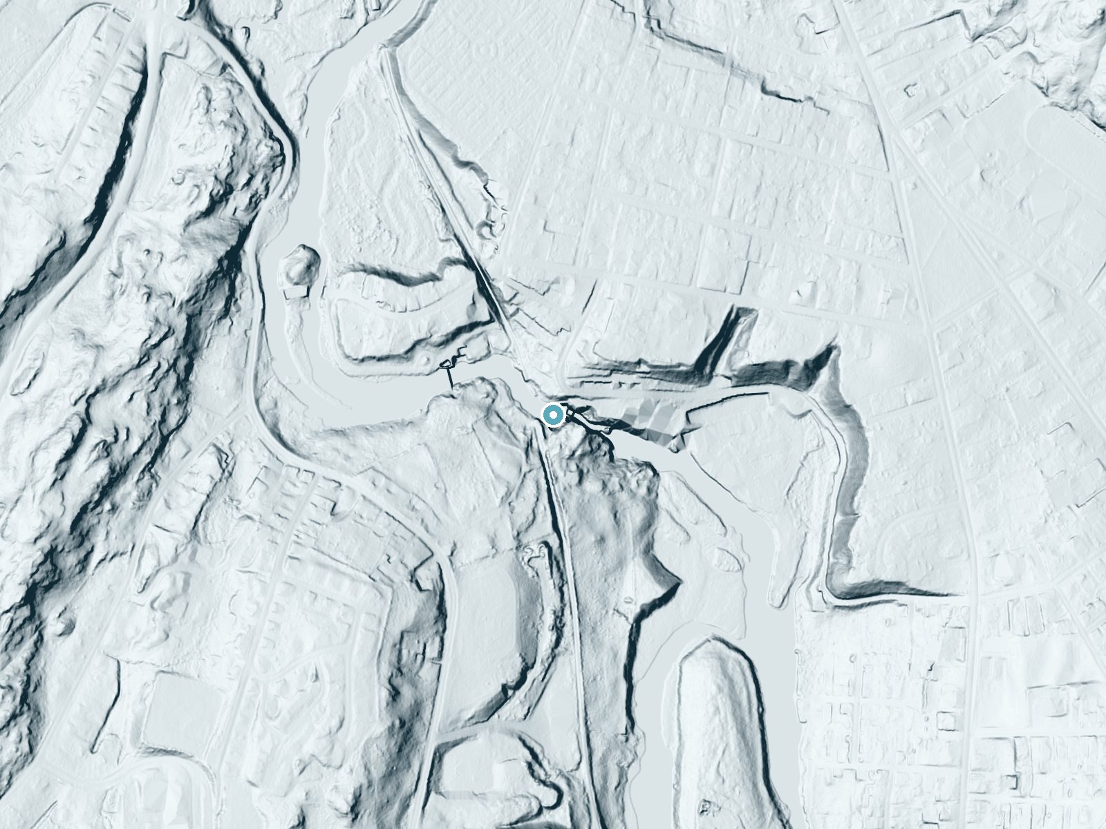 LiDAR bare-earth terrain around Yantic Falls near Norwich, Connecticut, showing about 79 feet of drop, a steep tiered drop, facing east
