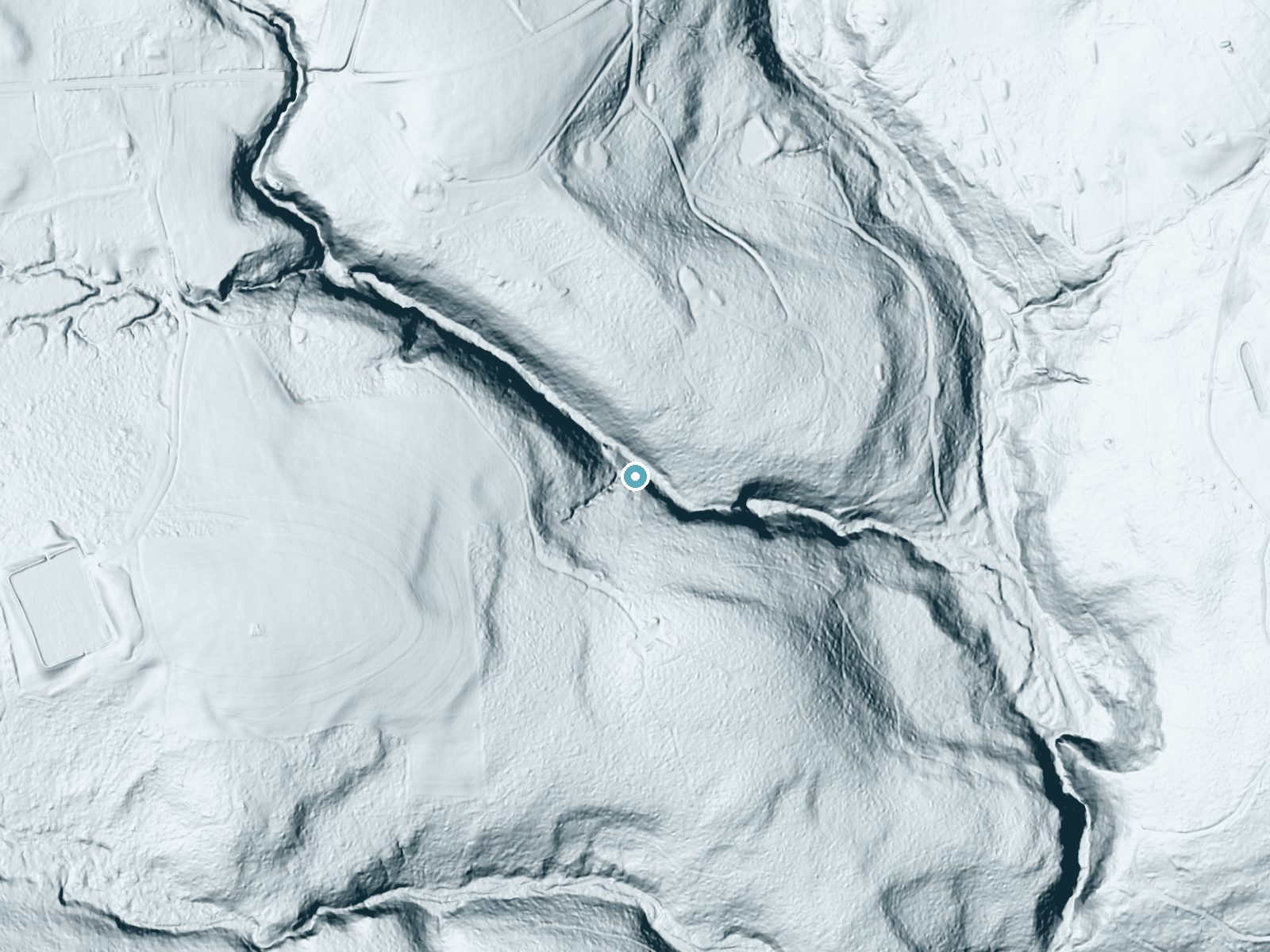 LiDAR bare-earth terrain around Buttermilk Falls near Forksville, Pennsylvania, showing about 86 feet of drop, a steep tiered drop, facing northeast