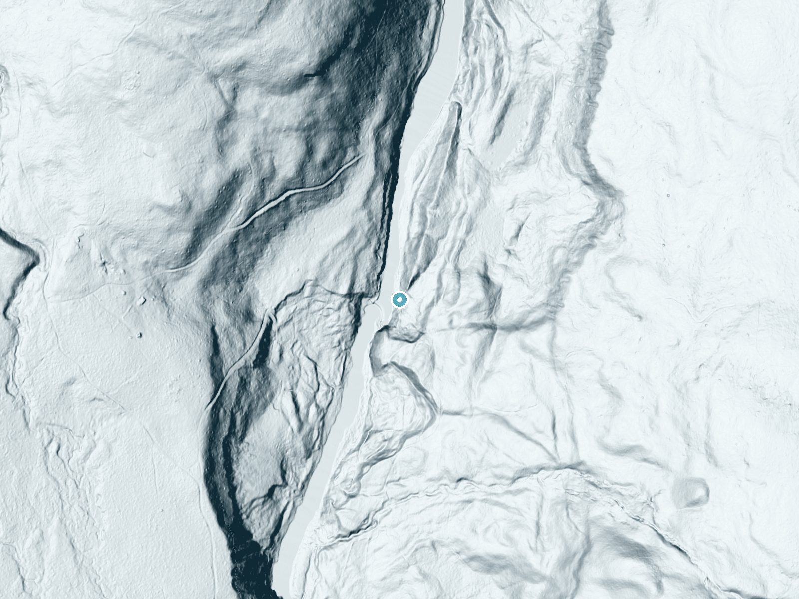 LiDAR bare-earth terrain around High Falls near Bridgeville, New York, showing about 104 feet of drop, a steep tiered drop, facing west