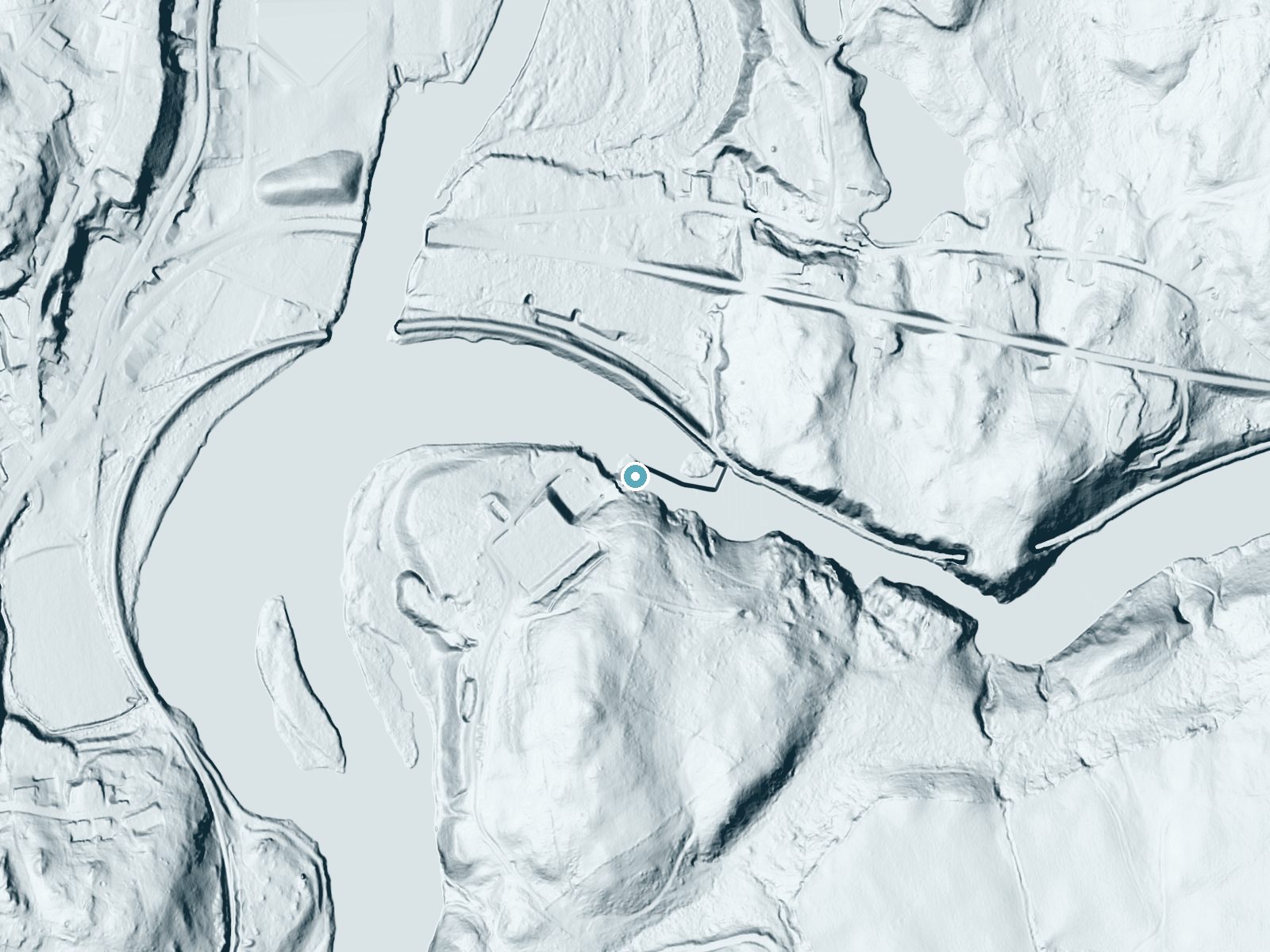 LiDAR bare-earth terrain around Quinebaug Falls near Norwich, Connecticut, showing about 86 feet of drop, a long cascade, facing north