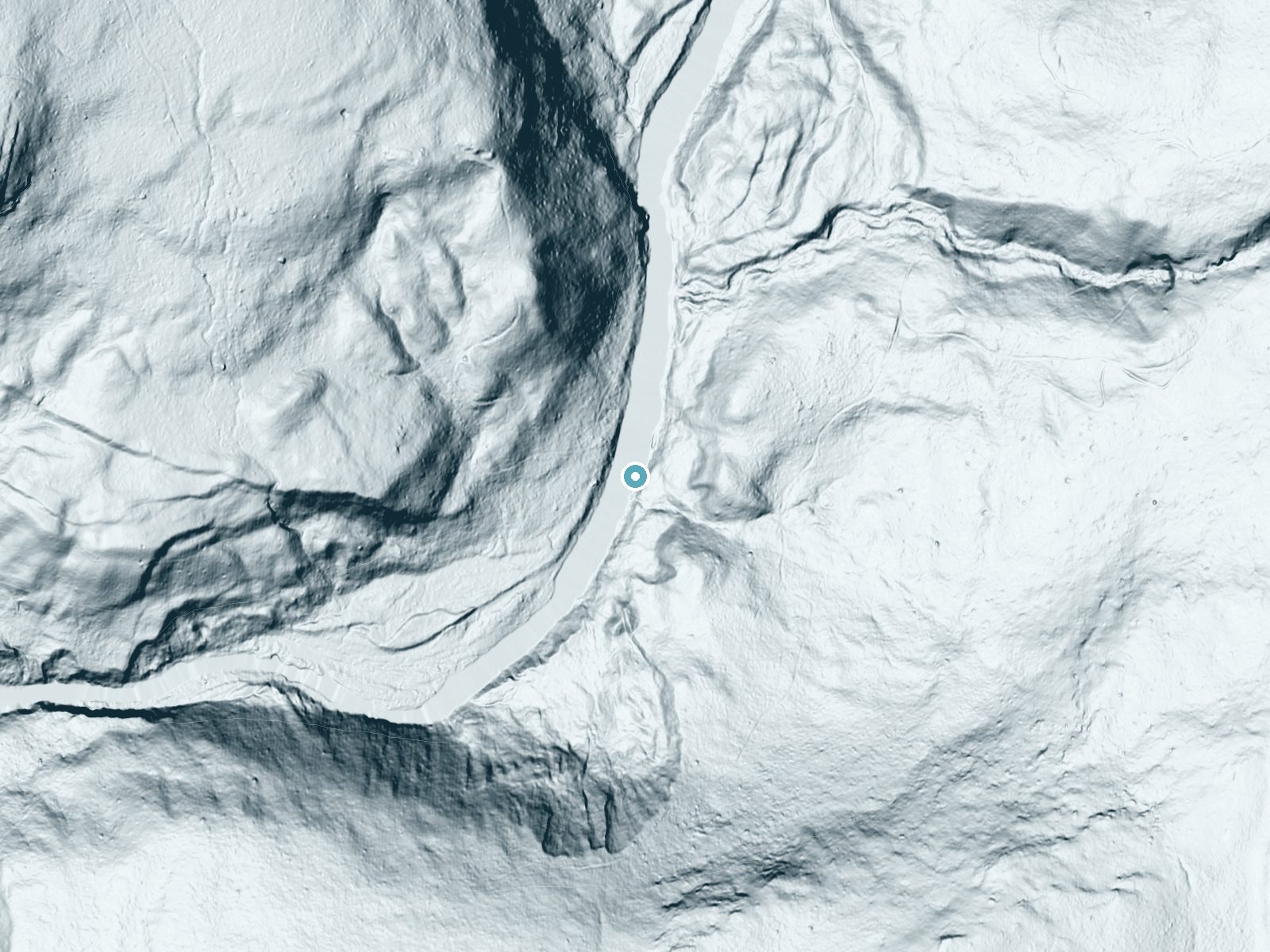 LiDAR bare-earth terrain around Denton Falls near Bridgeville, New York, showing about 81 feet of drop, a long cascade, facing west