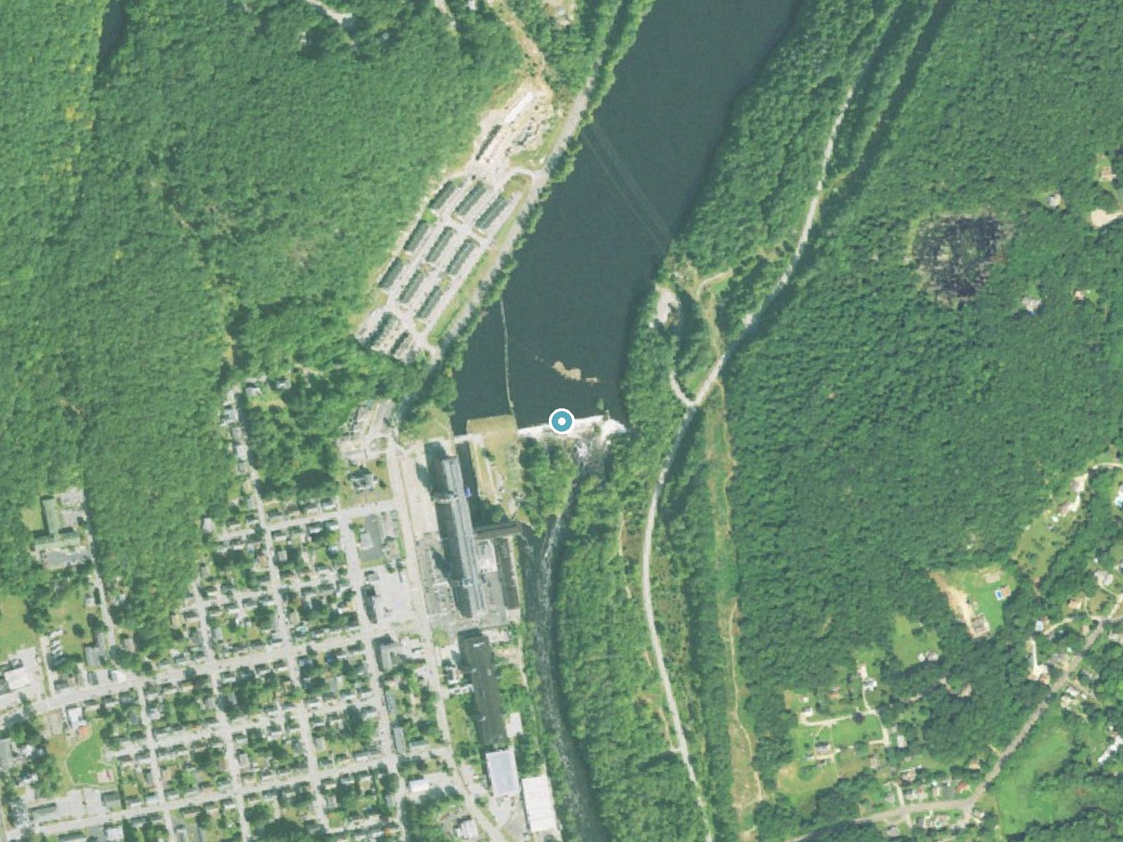 Aerial photo of the same ground around Shetucket Falls near Norwich, Connecticut, for comparison with the lidar view