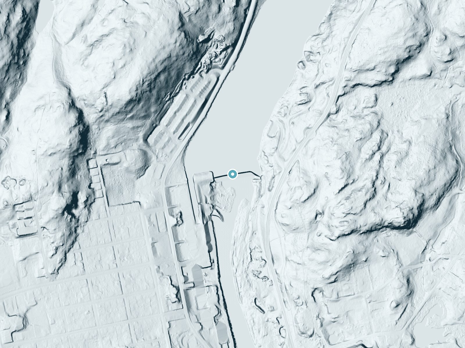 LiDAR bare-earth terrain around Shetucket Falls near Norwich, Connecticut, showing about 37 feet of drop, a long cascade, facing south