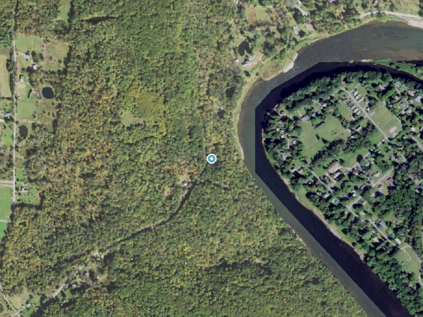 Aerial photo of the same ground around Darbytown Falls near Narrowsburg, Pennsylvania, for comparison with the lidar view