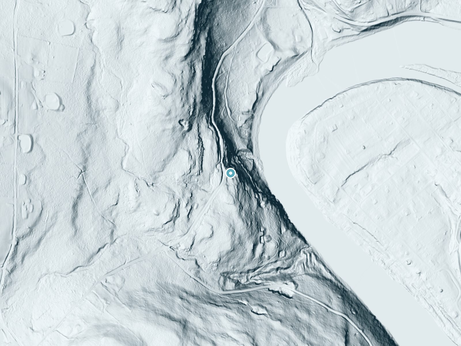 LiDAR bare-earth terrain around Darbytown Falls near Narrowsburg, Pennsylvania, showing about 230 feet of drop, a steep tiered drop, facing northeast