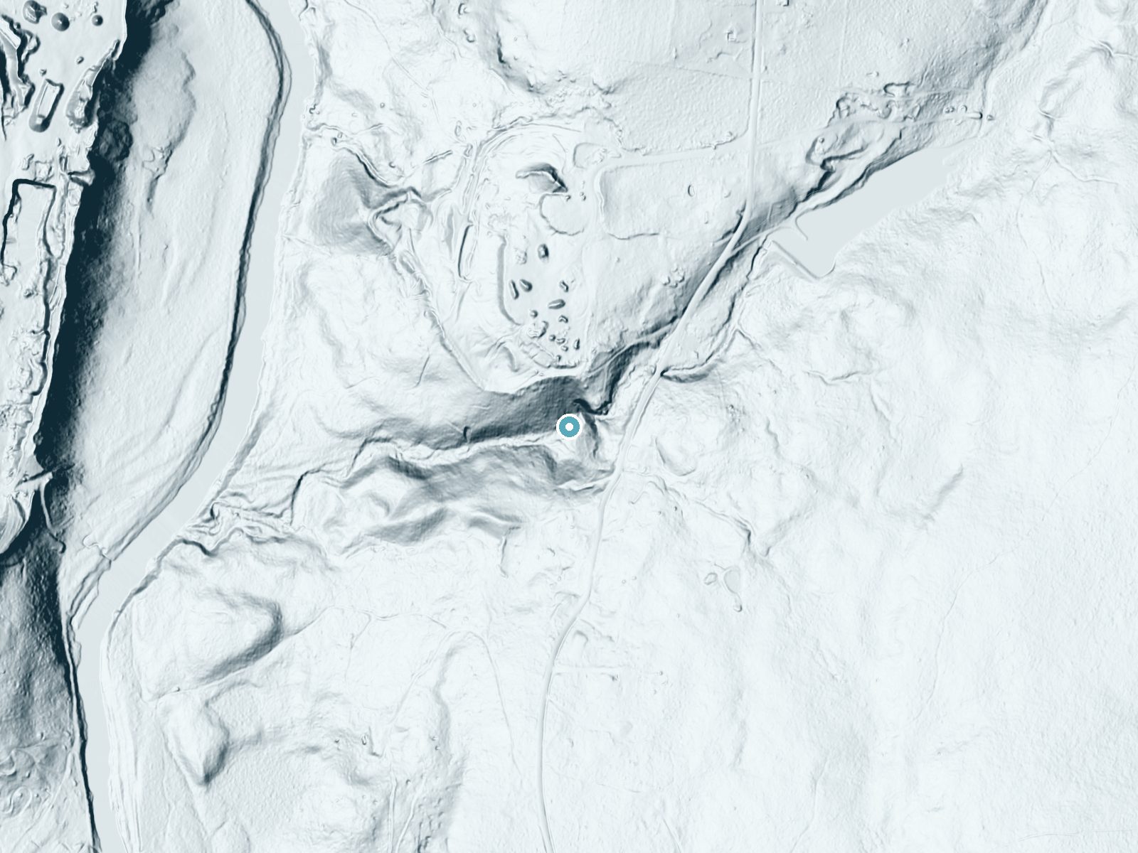 LiDAR bare-earth terrain around Katrina Falls near Bridgeville, New York, showing about 153 feet of drop, a single sheer drop, facing southwest