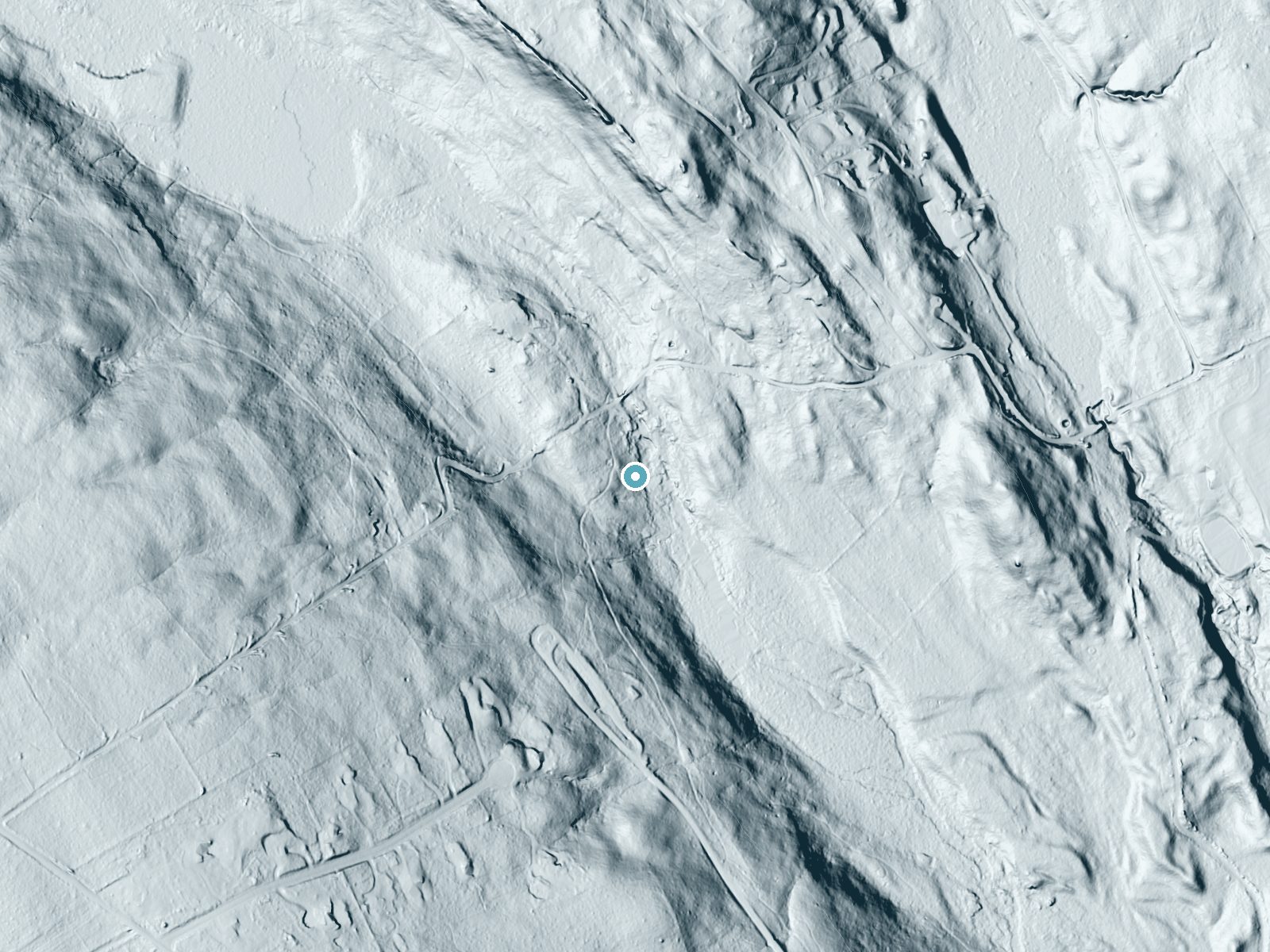 LiDAR bare-earth terrain around Stepstone Falls near Greene, Rhode Island, showing about 46 feet of drop, a long cascade, facing southeast