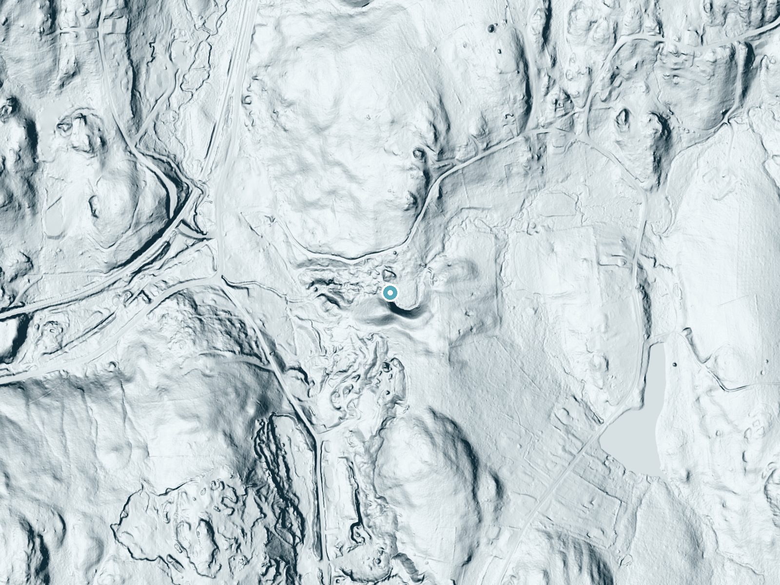 LiDAR bare-earth terrain around Buttermilk Falls near Terryville, Connecticut, showing about 92 feet of drop, a long cascade, facing west