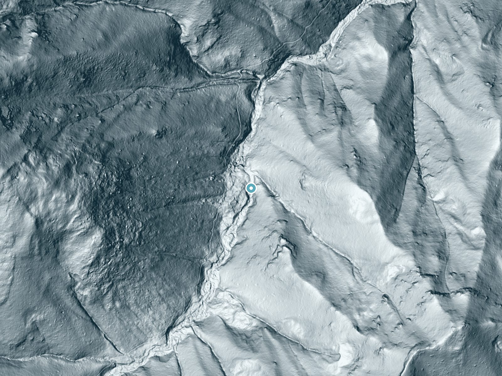 LiDAR bare-earth terrain around Maple Falls near Greenview, California, showing about 192 feet of drop, a steep tiered drop, facing northwest