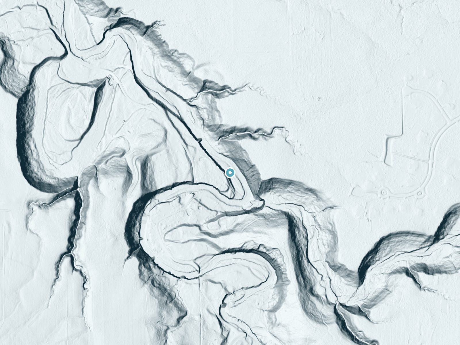 LiDAR bare-earth terrain around Cascade Falls near Painesville, Ohio, showing about 146 feet of drop, a steep tiered drop, facing southwest