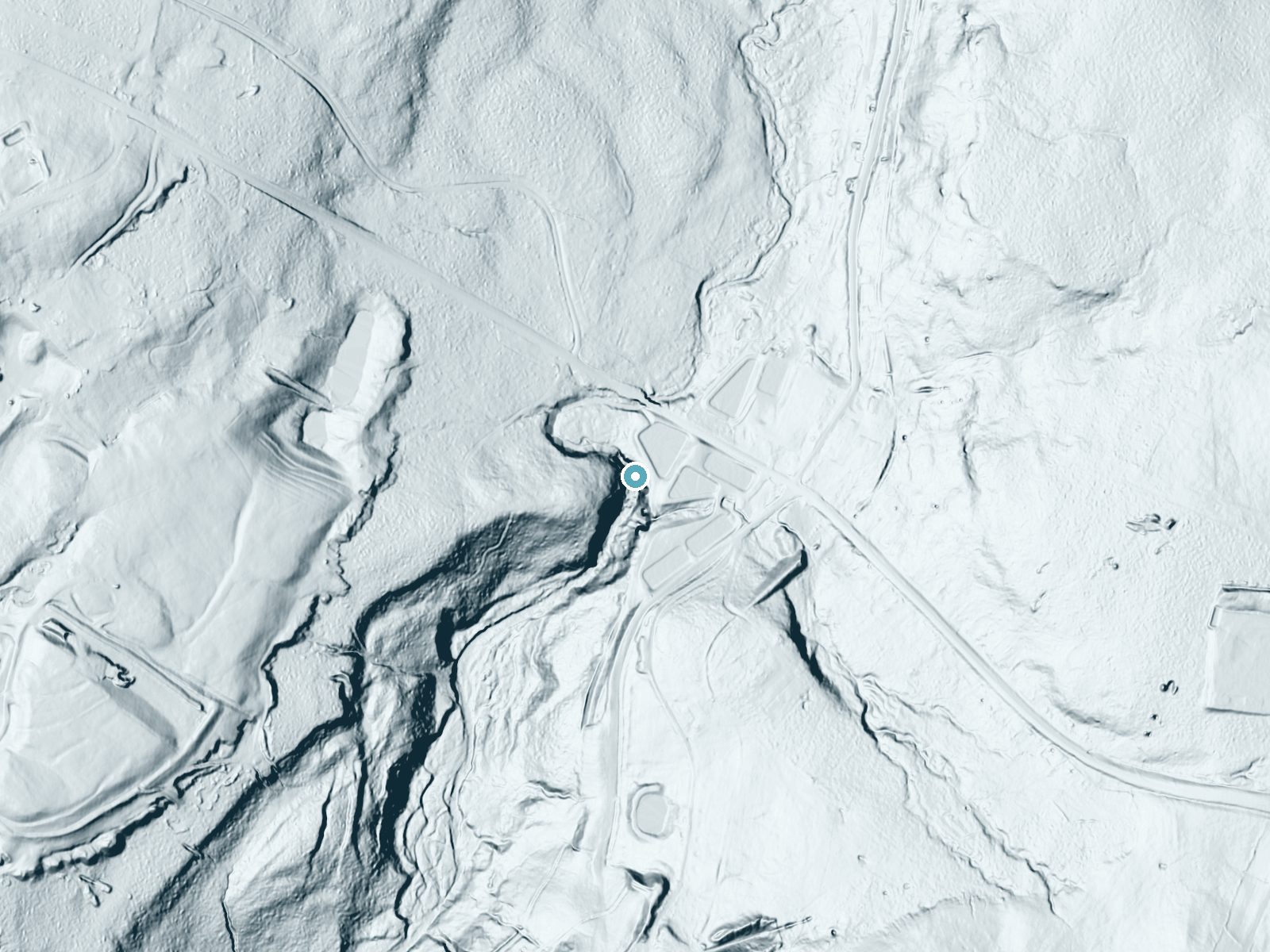 LiDAR bare-earth terrain around Fallbrook Falls near Blossburg, Pennsylvania, showing about 95 feet of drop, a steep tiered drop, facing southwest