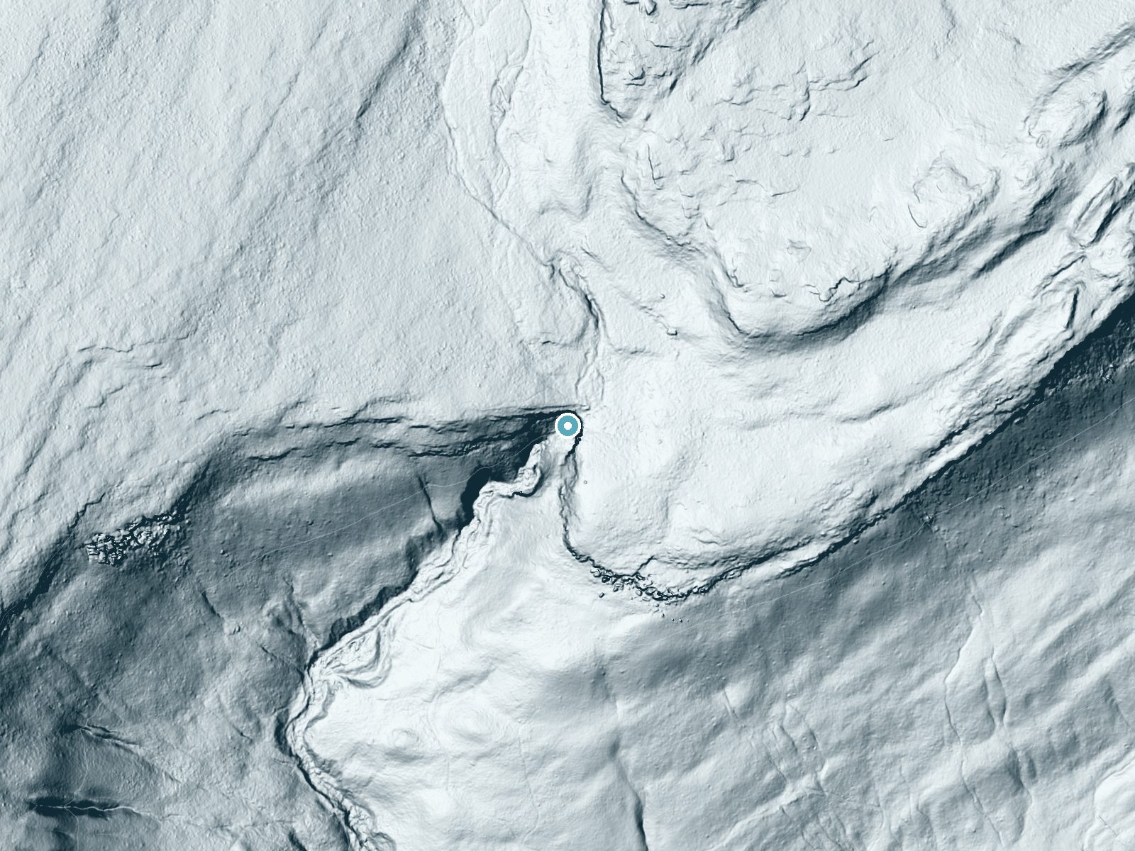 LiDAR bare-earth terrain around Verkeerder Kill Falls near Ellenville, New York, showing about 212 feet of drop, a single sheer drop, facing southwest