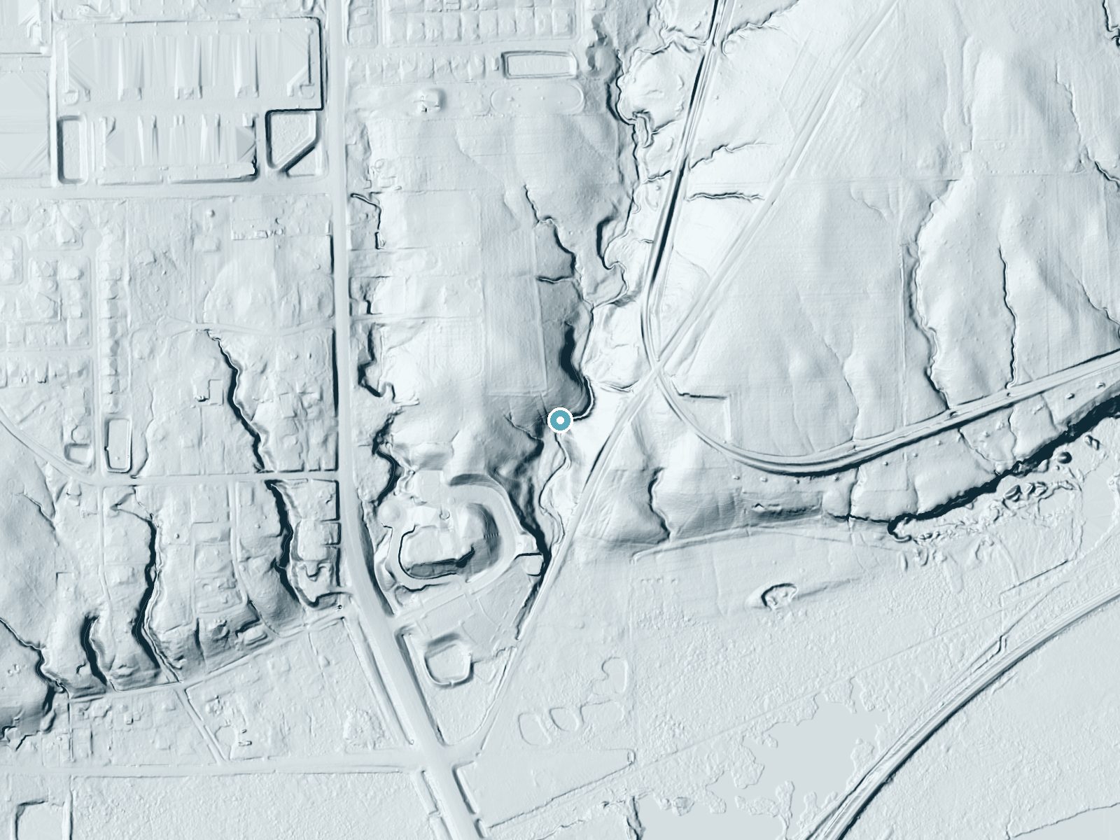 LiDAR bare-earth terrain around Canyon Creek Falls near Lemont, Illinois, showing about 78 feet of drop, a long cascade, facing south