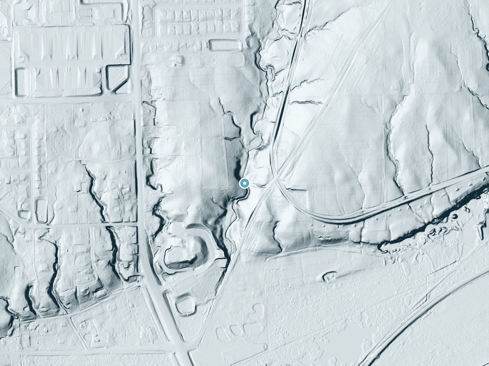 LiDAR bare-earth terrain around Canyon Creek Cascade near Lemont, Illinois, showing about 72 feet of drop, a long cascade, facing southeast