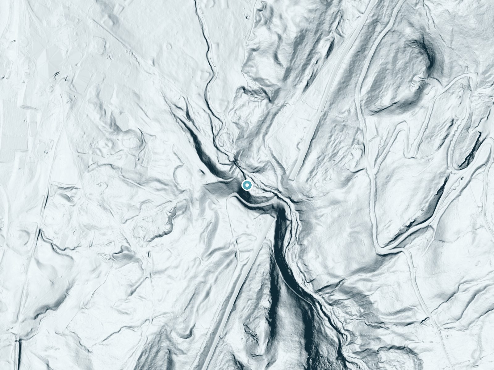 LiDAR bare-earth terrain around Nevele Falls near Cragsmoor, New York, showing about 176 feet of drop, a steep tiered drop, facing north