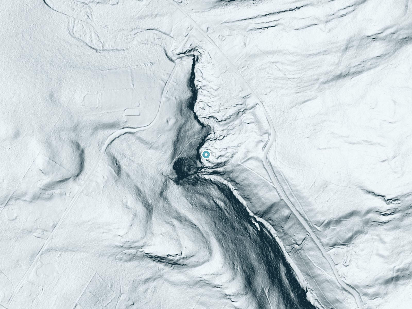 LiDAR bare-earth terrain around Hanging Rock Falls near Napanoch, New York, showing about 192 feet of drop, a steep tiered drop, facing south