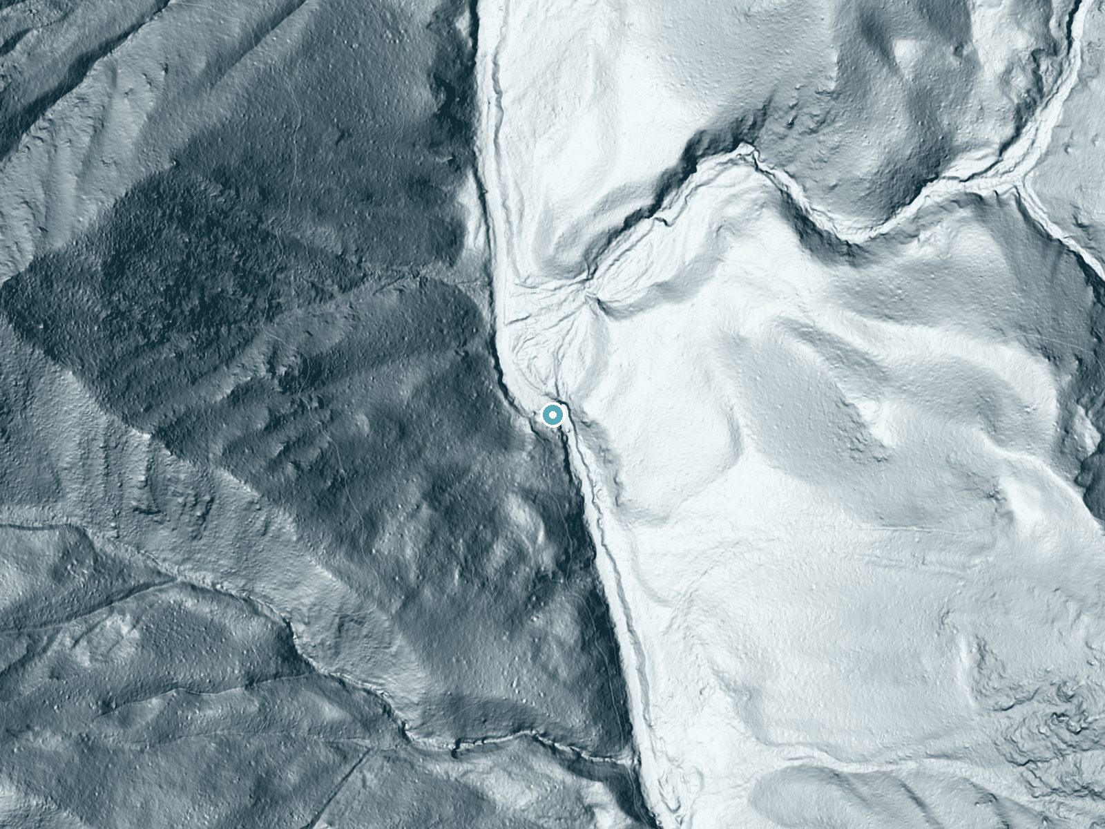 LiDAR bare-earth terrain around Wilderness Falls near Happy Camp, California, showing about 135 feet of drop, a long cascade, facing north