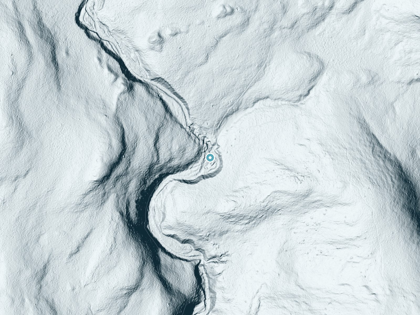 LiDAR bare-earth terrain around Vernooy Falls near Napanoch, New York, showing about 57 feet of drop, a long cascade, facing southwest