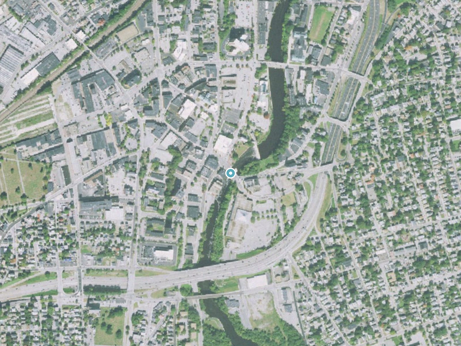 Aerial photo of the same ground around Pawtucket Falls near Pawtucket, Rhode Island, for comparison with the lidar view