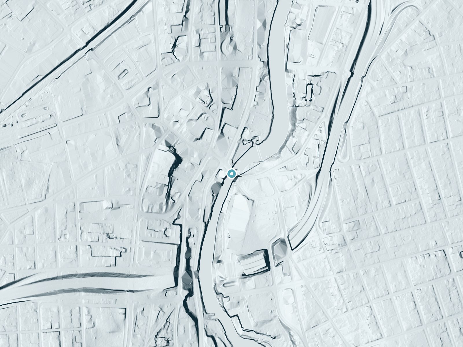 LiDAR bare-earth terrain around Pawtucket Falls near Pawtucket, Rhode Island, showing about 44 feet of drop, a long cascade, facing southwest