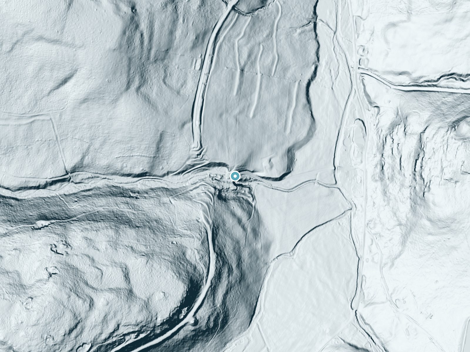 LiDAR bare-earth terrain around Bucks Falls near Starrucca, Pennsylvania, showing about 91 feet of drop, a steep tiered drop, facing southeast