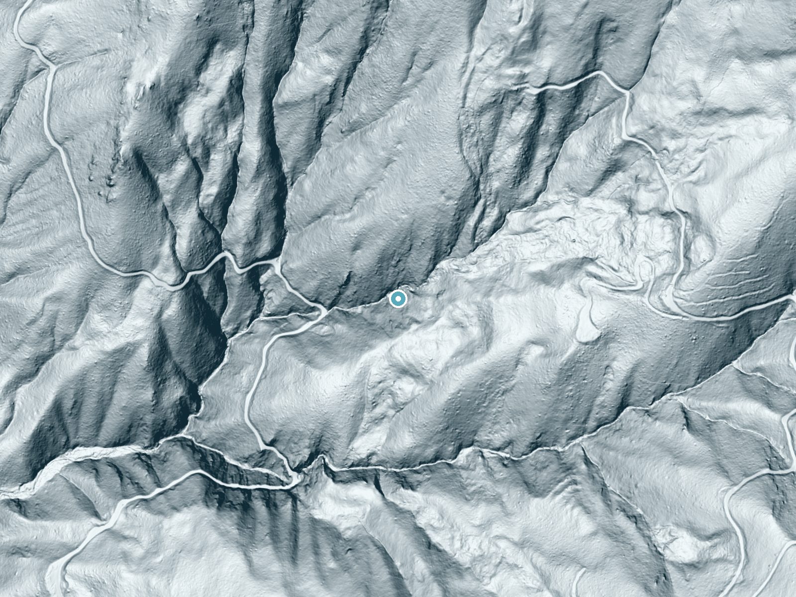 LiDAR bare-earth terrain around Ponytail Falls near Happy Camp, California, showing about 294 feet of drop, a steep tiered drop, facing west