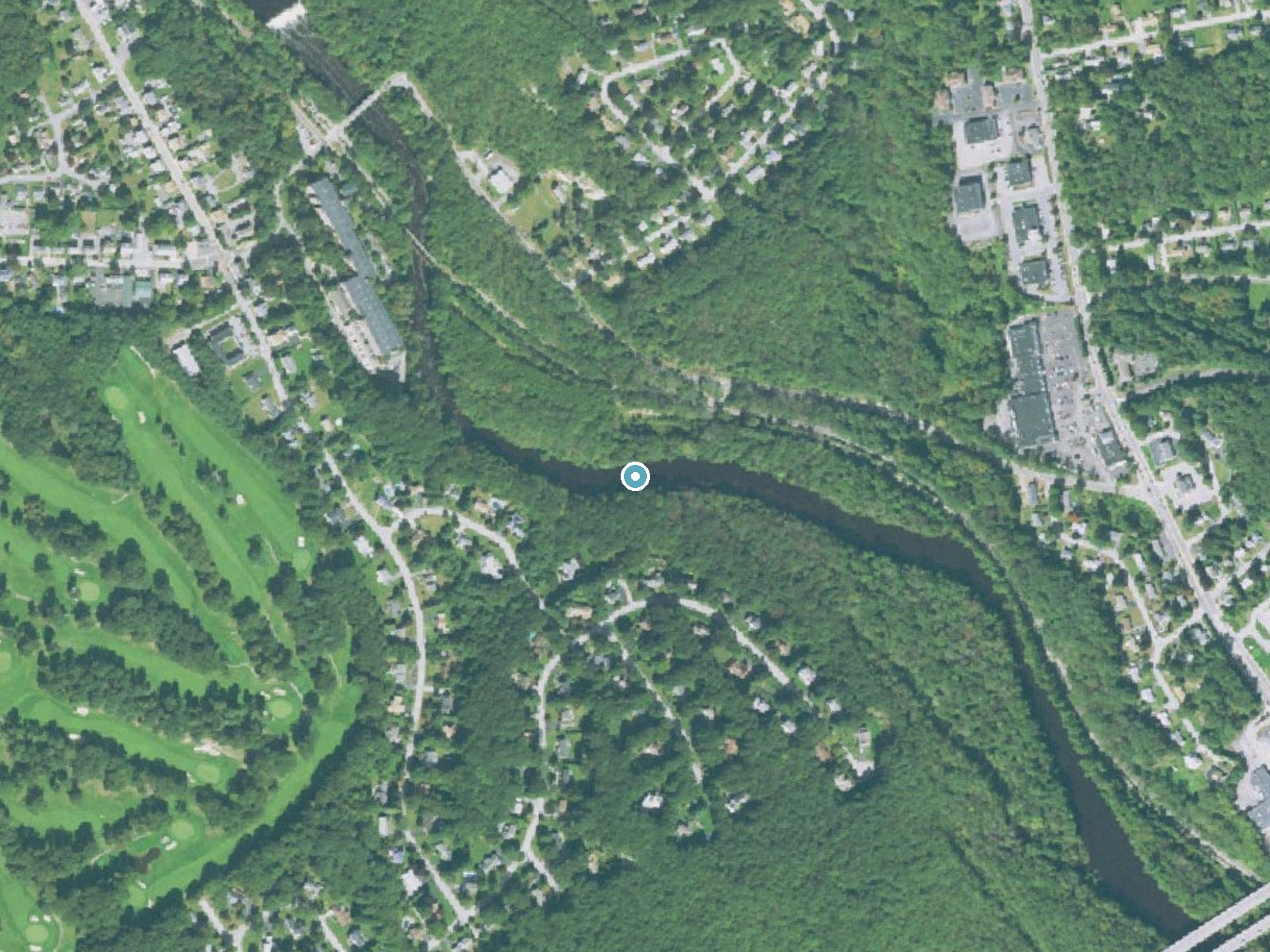 Aerial photo of the same ground around Albion Falls near Cumberland Hill, Rhode Island, for comparison with the lidar view