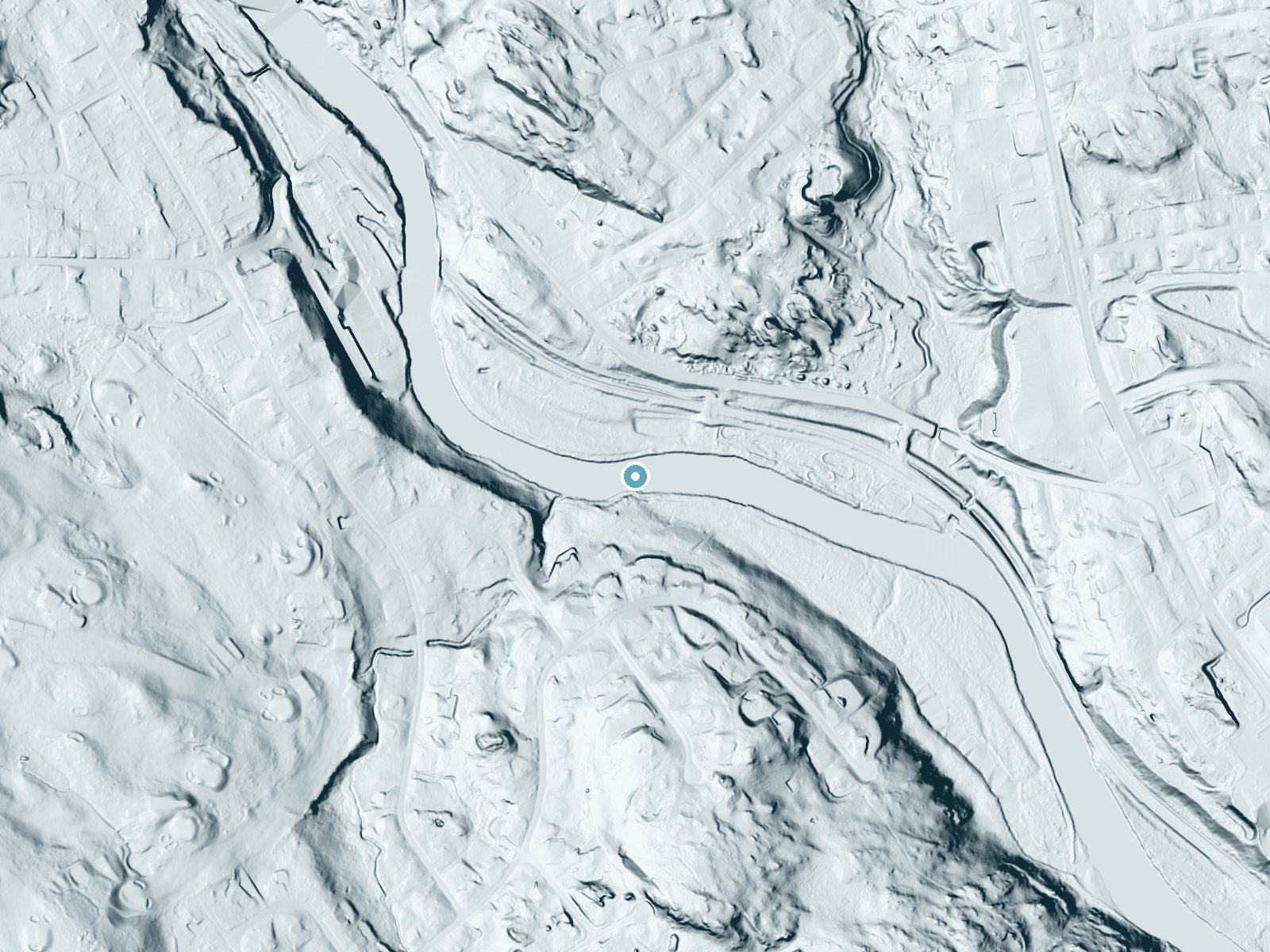 LiDAR bare-earth terrain around Albion Falls near Cumberland Hill, Rhode Island, showing about 25 feet of drop, a long cascade, facing north