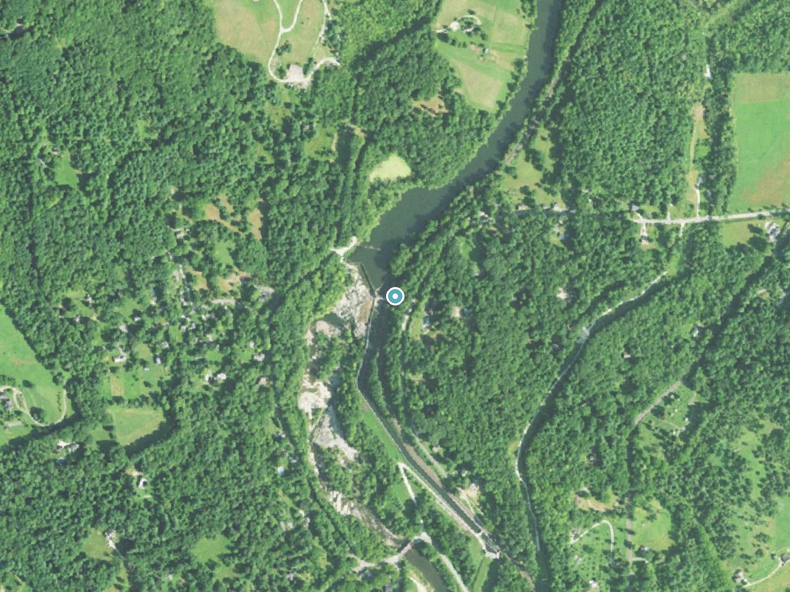 Aerial photo of the same ground around Great Falls near Falls Village, Connecticut, for comparison with the lidar view