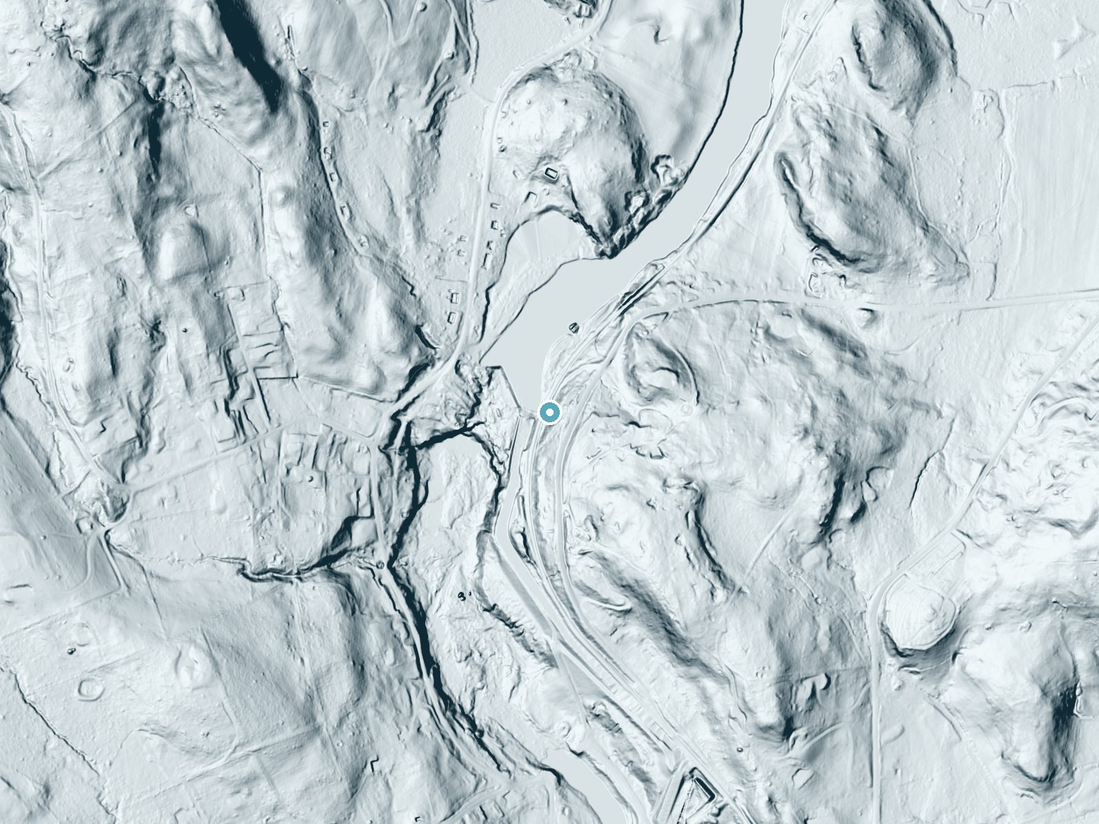 LiDAR bare-earth terrain around Great Falls near Falls Village, Connecticut, showing about 101 feet of drop, a steep tiered drop, facing west