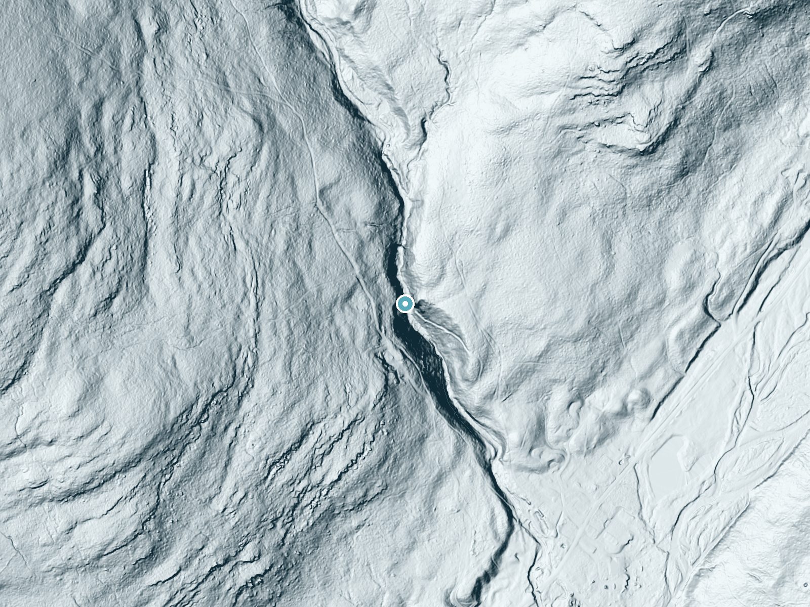 LiDAR bare-earth terrain around High Falls near Grahamsville, New York, showing about 168 feet of drop, a single sheer drop, facing southeast
