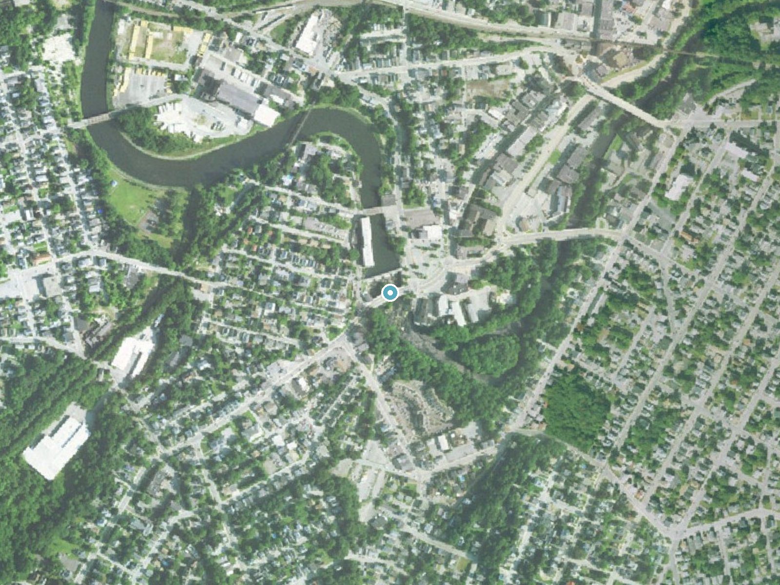 Aerial photo of the same ground around Woonsocket Falls near Woonsocket, Rhode Island, for comparison with the lidar view