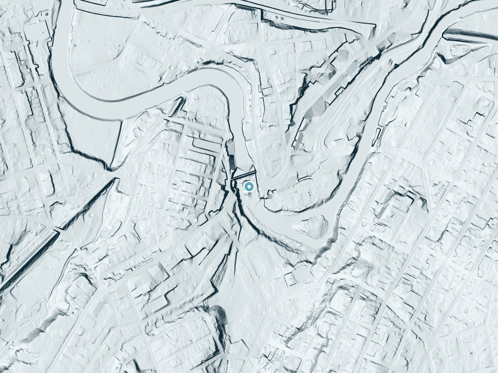 LiDAR bare-earth terrain around Woonsocket Falls near Woonsocket, Rhode Island, showing about 49 feet of drop, a long cascade, facing southeast