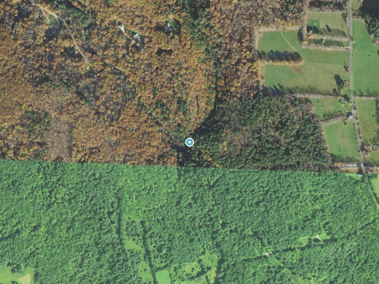 Aerial photo of the same ground around Campbell Falls near Canaan, Massachusetts, for comparison with the lidar view