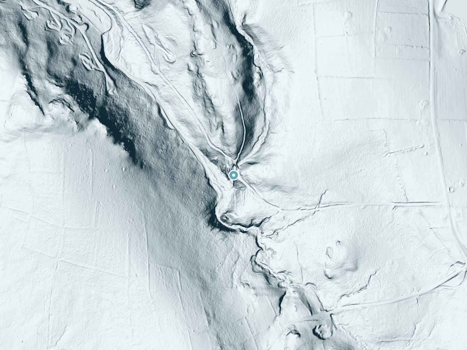 LiDAR bare-earth terrain around Campbell Falls near Canaan, Massachusetts, showing about 163 feet of drop, a steep tiered drop, facing southwest