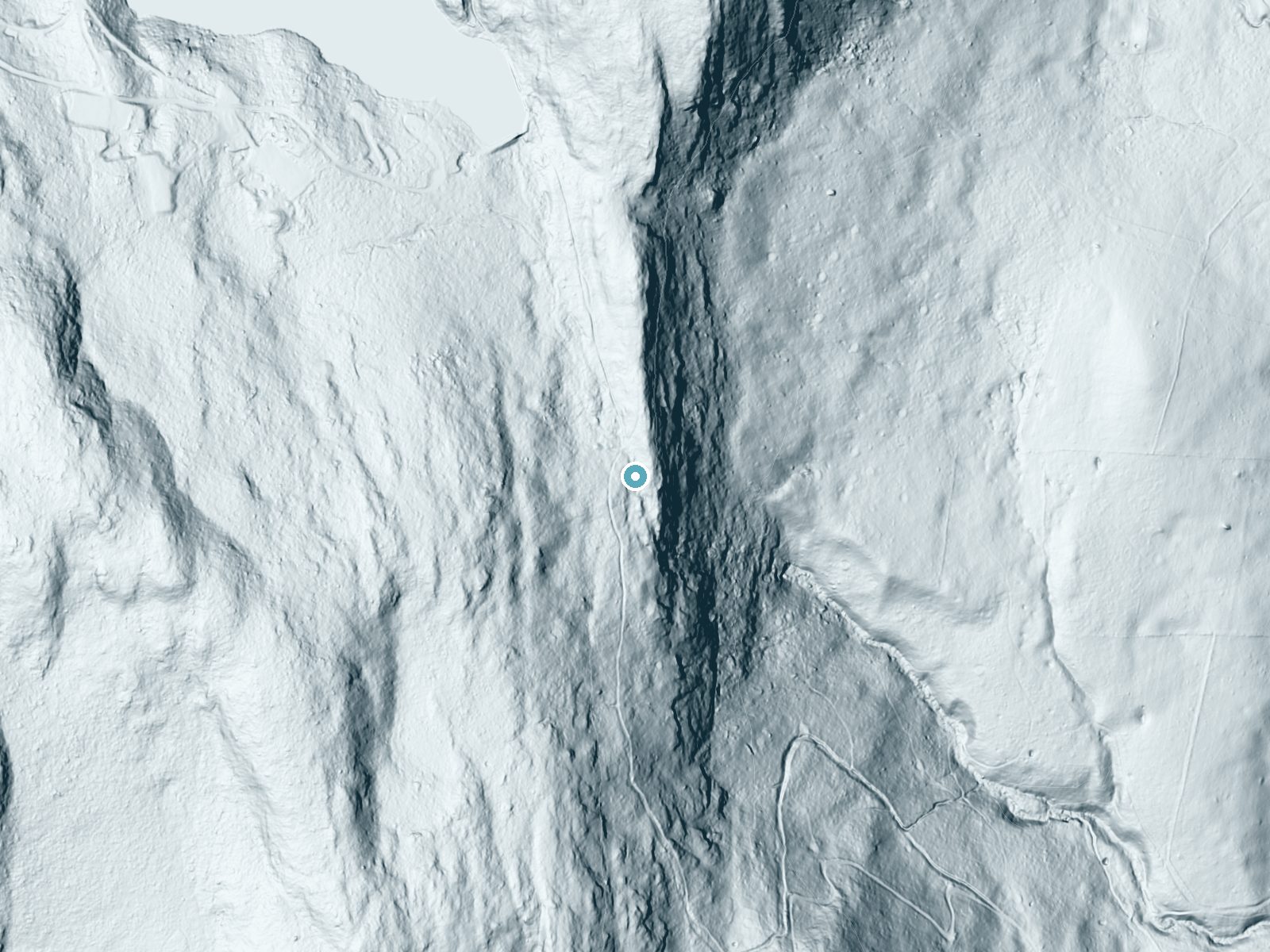 LiDAR bare-earth terrain around Bear Rock Falls near Lakeville, Massachusetts, showing about 200 feet of drop, a steep tiered drop, facing east