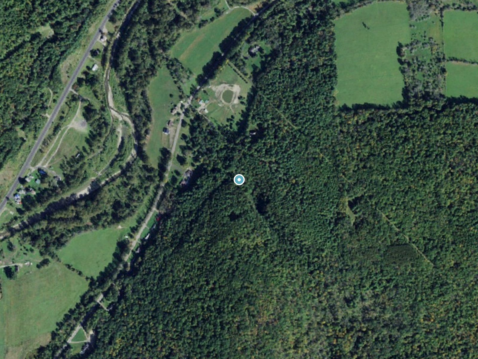 Aerial photo of the same ground around Bear Falls near Elkland, New York, for comparison with the lidar view