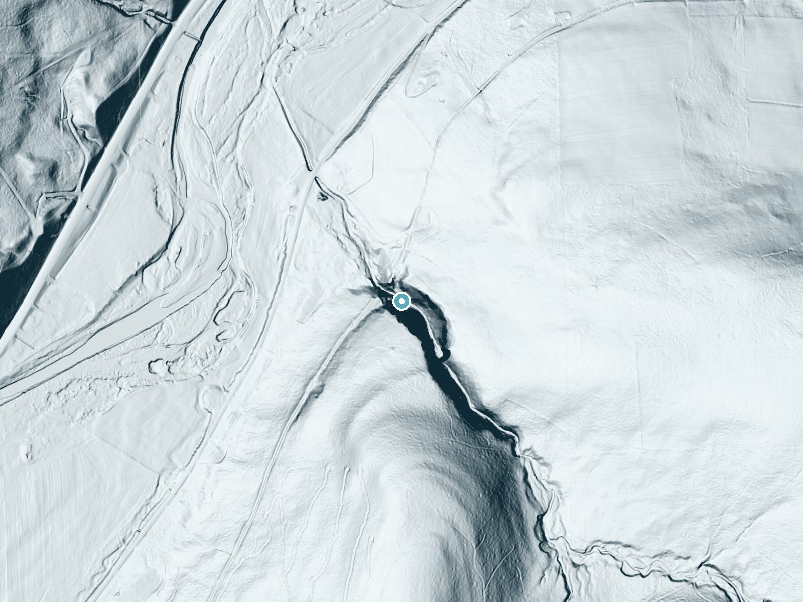 LiDAR bare-earth terrain around Bear Falls near Elkland, New York, showing about 162 feet of drop, a long cascade, facing northwest