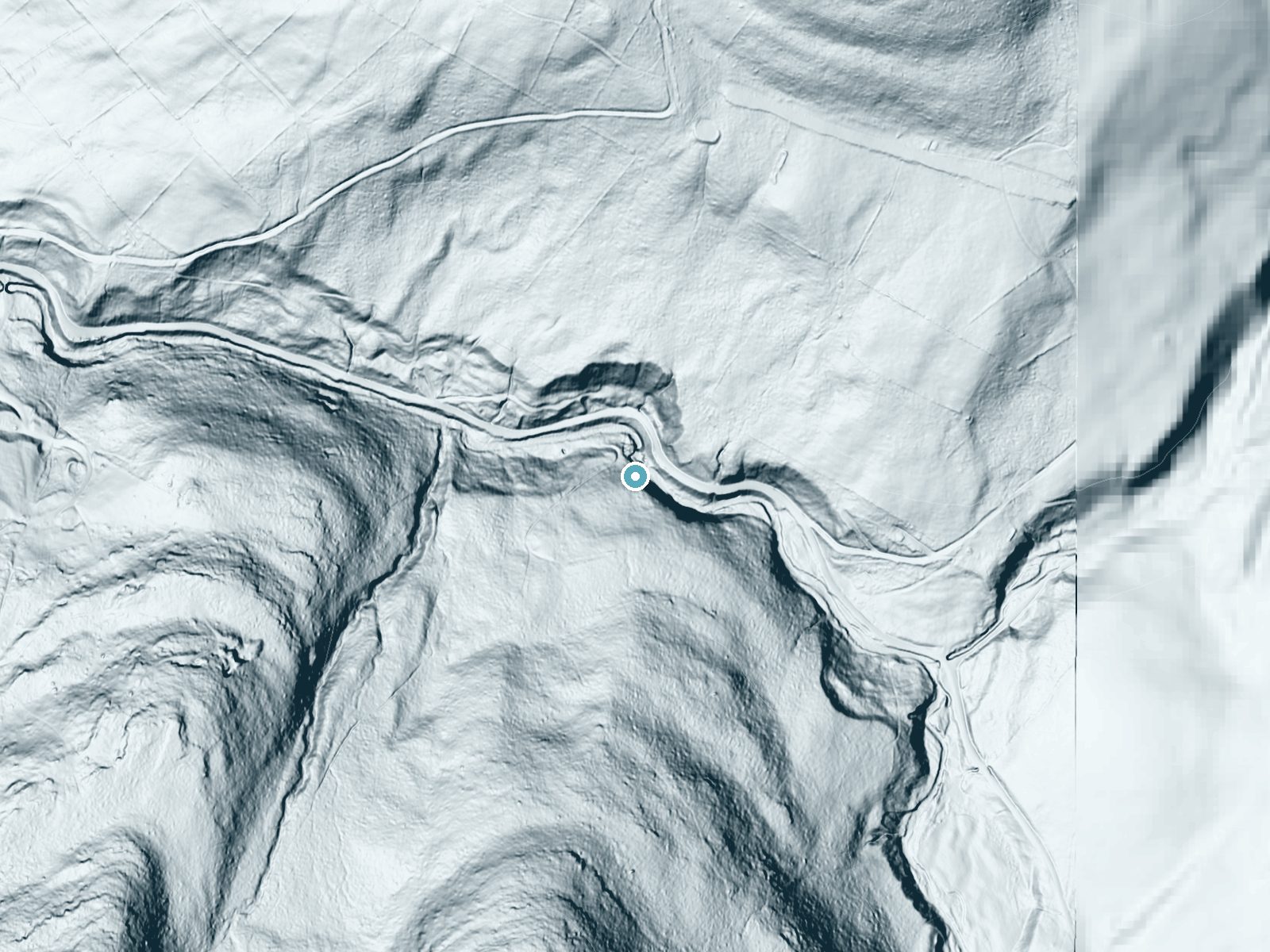 LiDAR bare-earth terrain around Tompkins Falls near Margaretville, New York, showing about 133 feet of drop, a long cascade, facing north