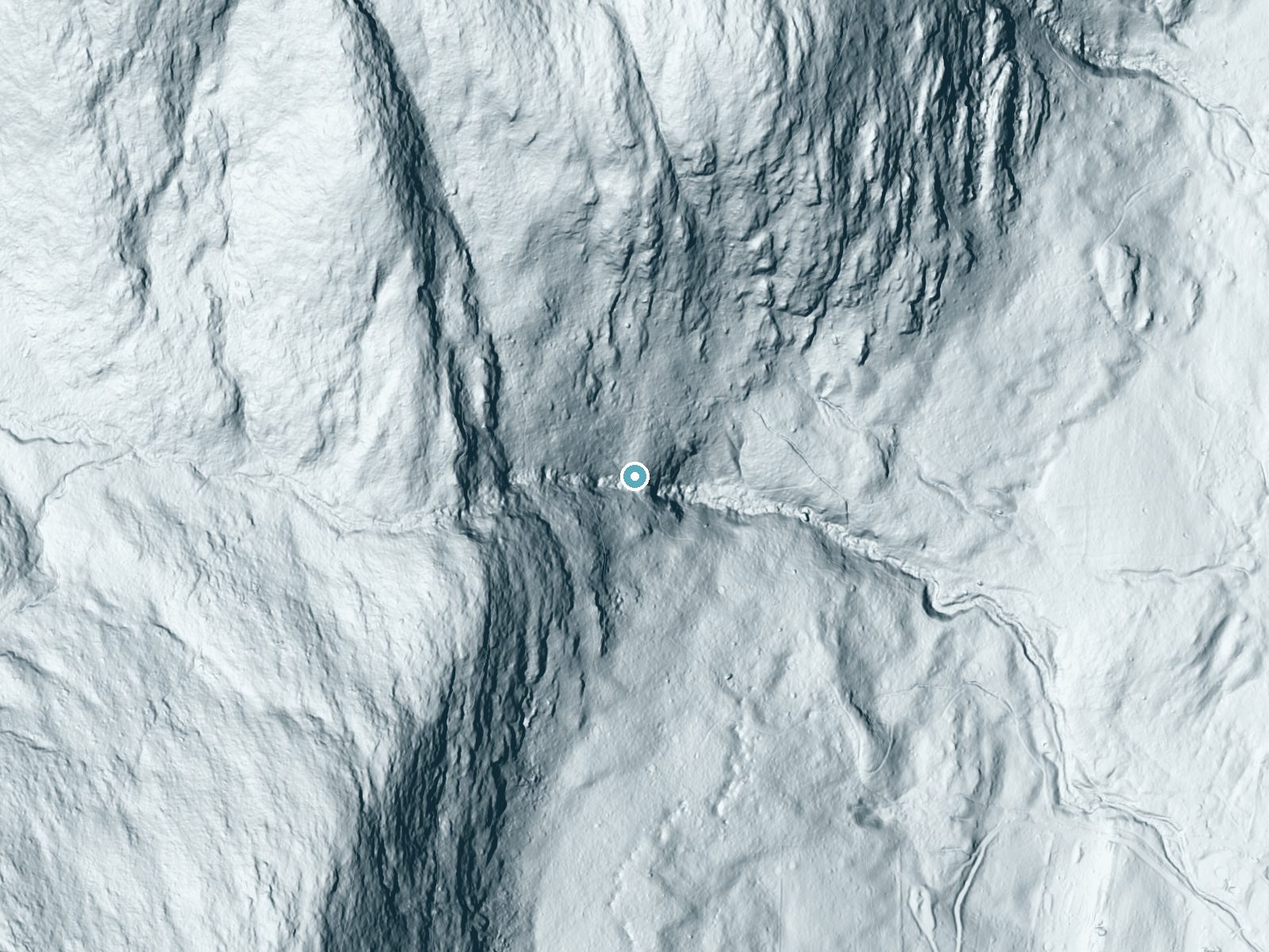 LiDAR bare-earth terrain around Race Brook Falls near Copake Falls, Massachusetts, showing about 298 feet of drop, a steep tiered drop, facing east