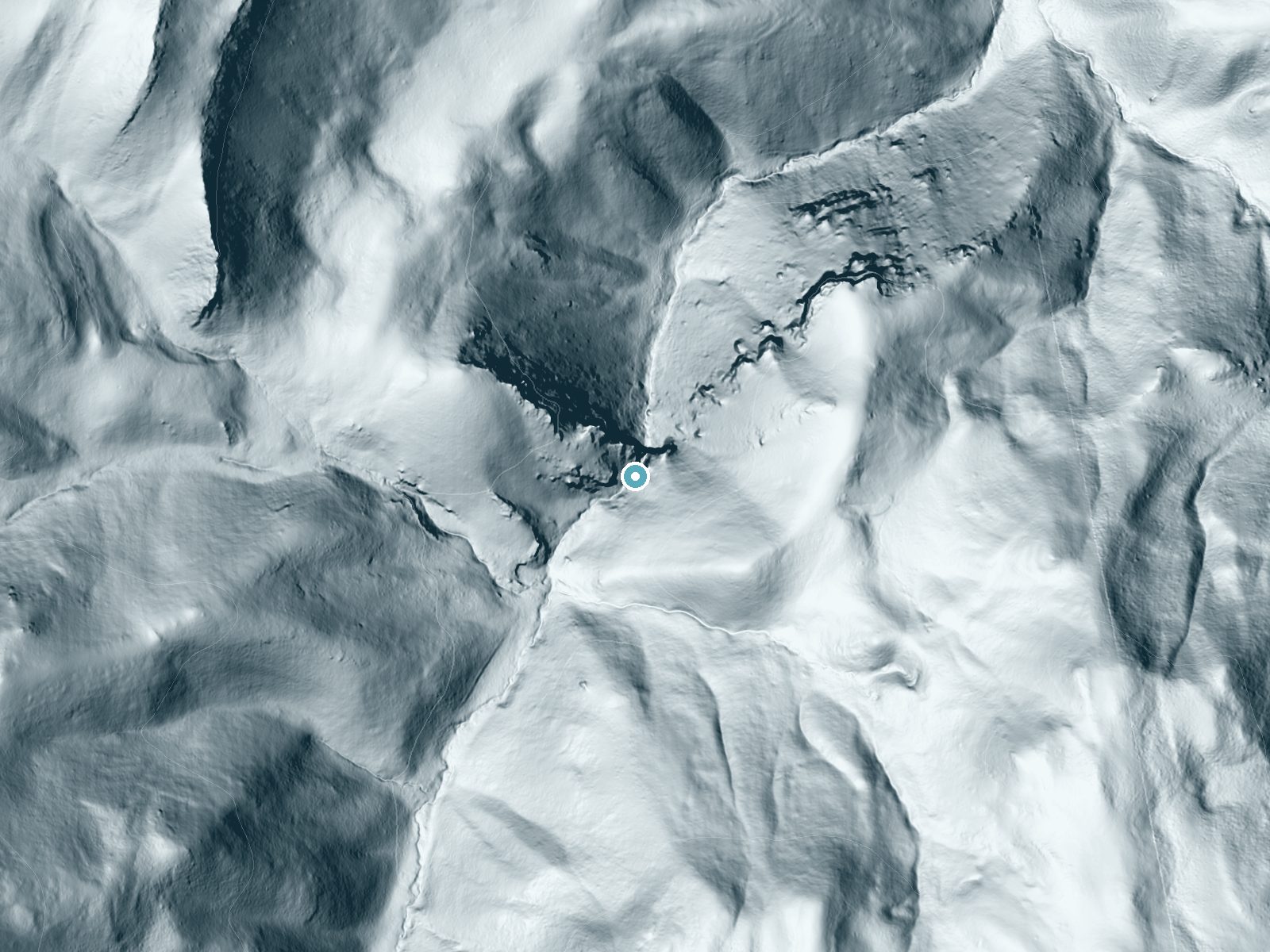 LiDAR bare-earth terrain around Phantom Falls near Oakley, Idaho, showing about 255 feet of drop, a steep tiered drop, facing north