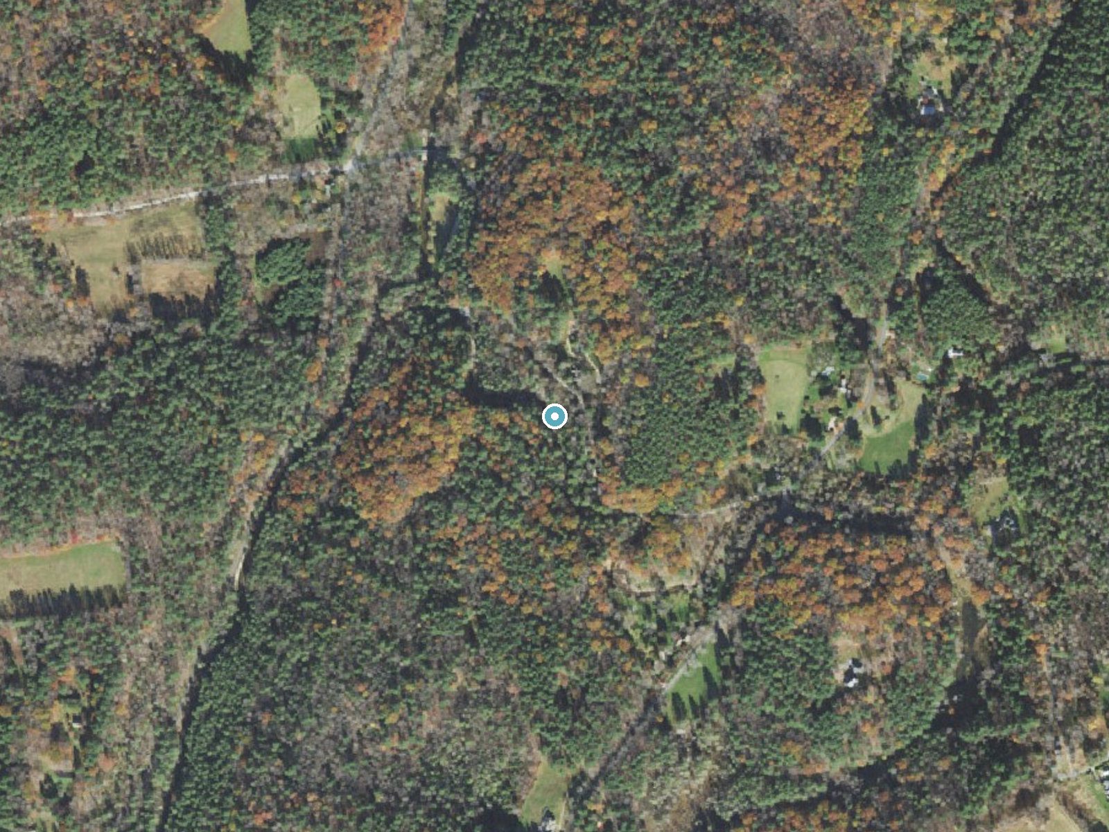 Aerial photo of the same ground around Umpachene Falls near Canaan, Massachusetts, for comparison with the lidar view