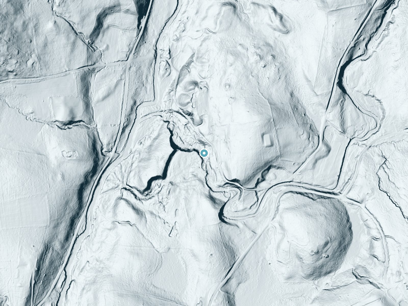 LiDAR bare-earth terrain around Umpachene Falls near Canaan, Massachusetts, showing about 75 feet of drop, a long cascade, facing west