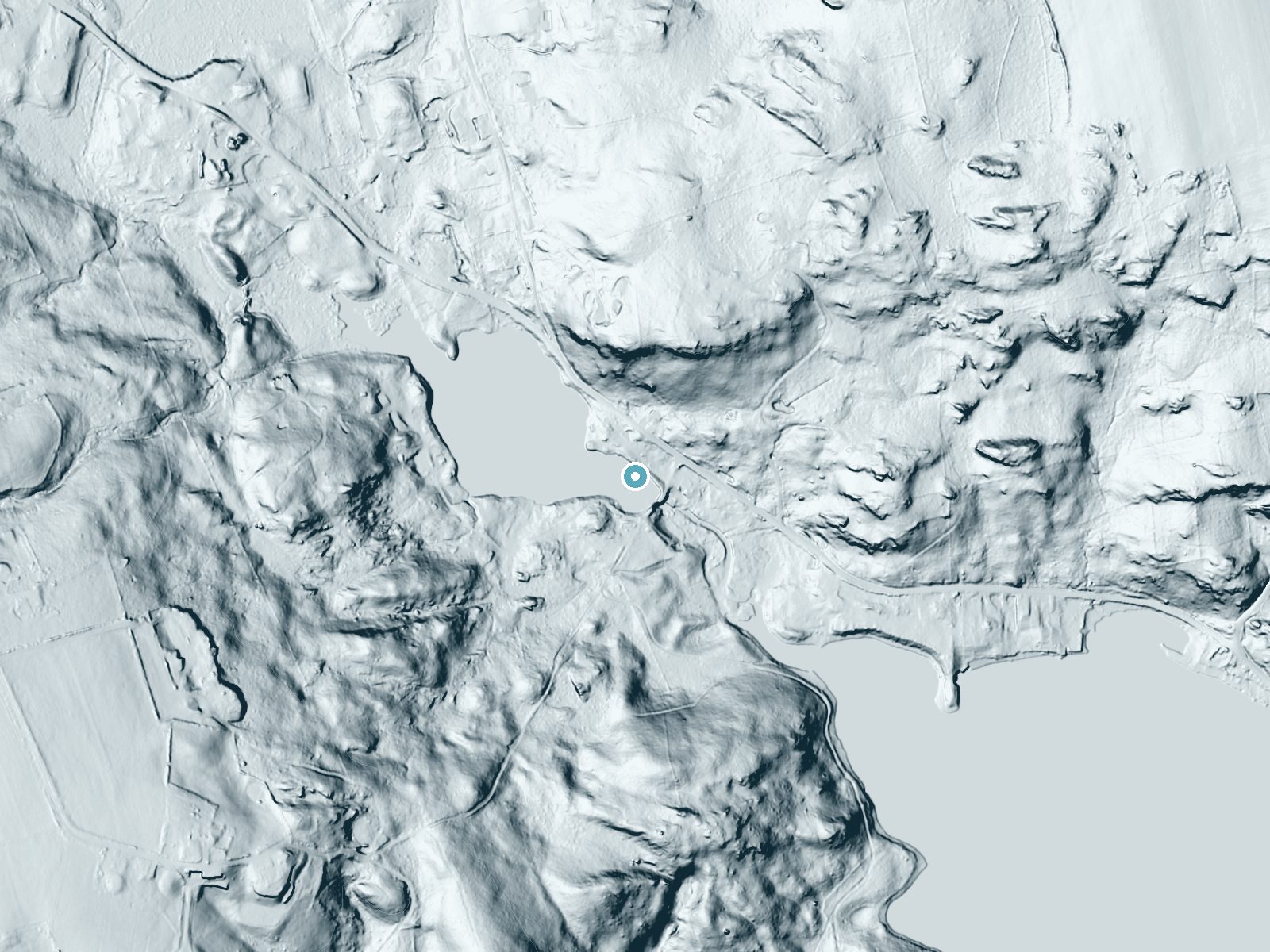 LiDAR bare-earth terrain around Sutton Falls near East Douglas, Massachusetts, showing about 38 feet of drop, a long cascade, facing south