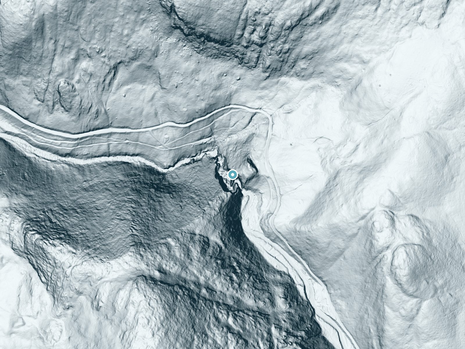 LiDAR bare-earth terrain around Bash Bish Falls near Copake Falls, Massachusetts, showing about 302 feet of drop, a single sheer drop, facing west