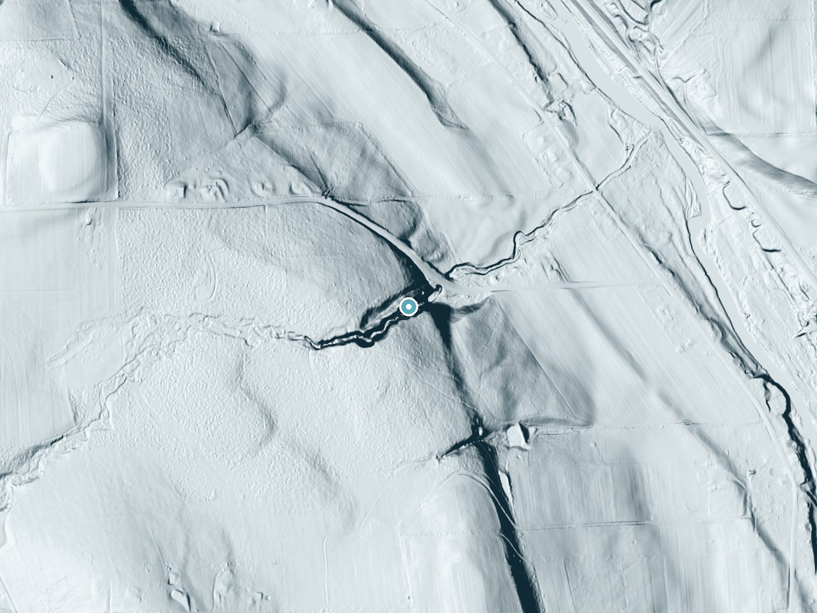 LiDAR bare-earth terrain around Buttermilk Falls near Apalachin, New York, showing about 148 feet of drop, a long cascade, facing northeast