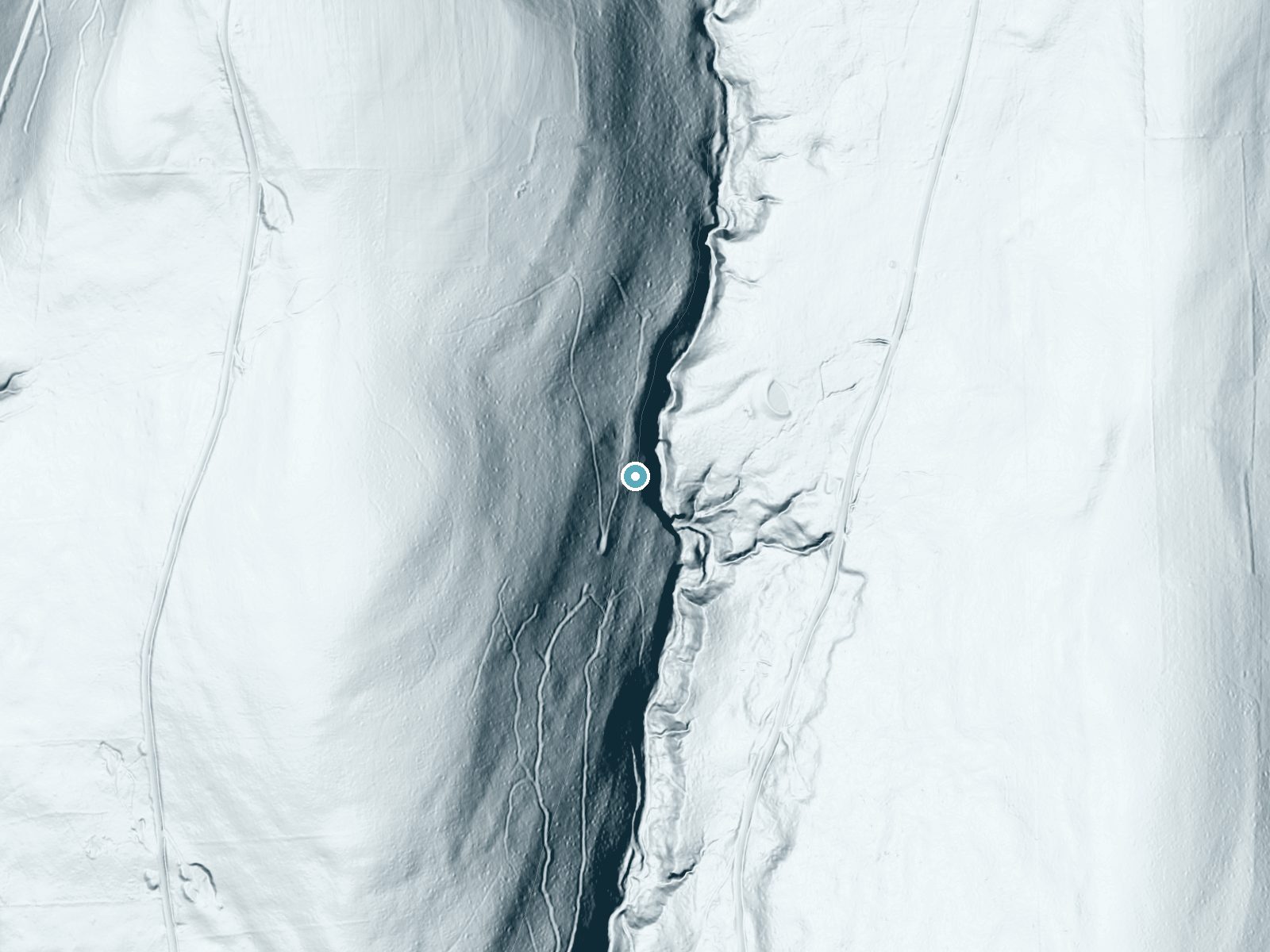 LiDAR bare-earth terrain around Oskonsa Falls near Elkland, New York, showing about 207 feet of drop, a steep tiered drop, facing east