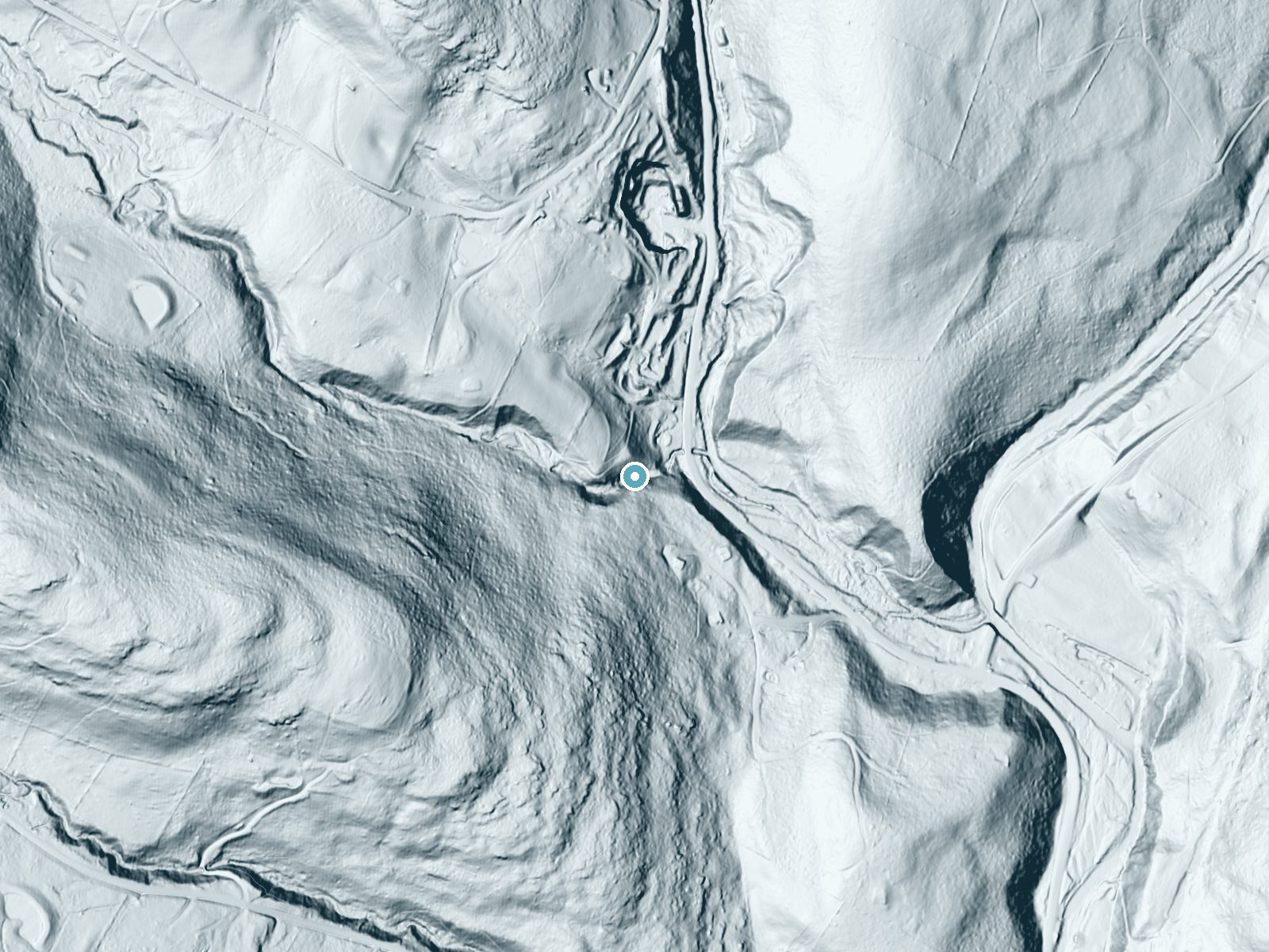 LiDAR bare-earth terrain around Canada Falls near Margaretville, New York, showing about 110 feet of drop, a steep tiered drop, facing northeast