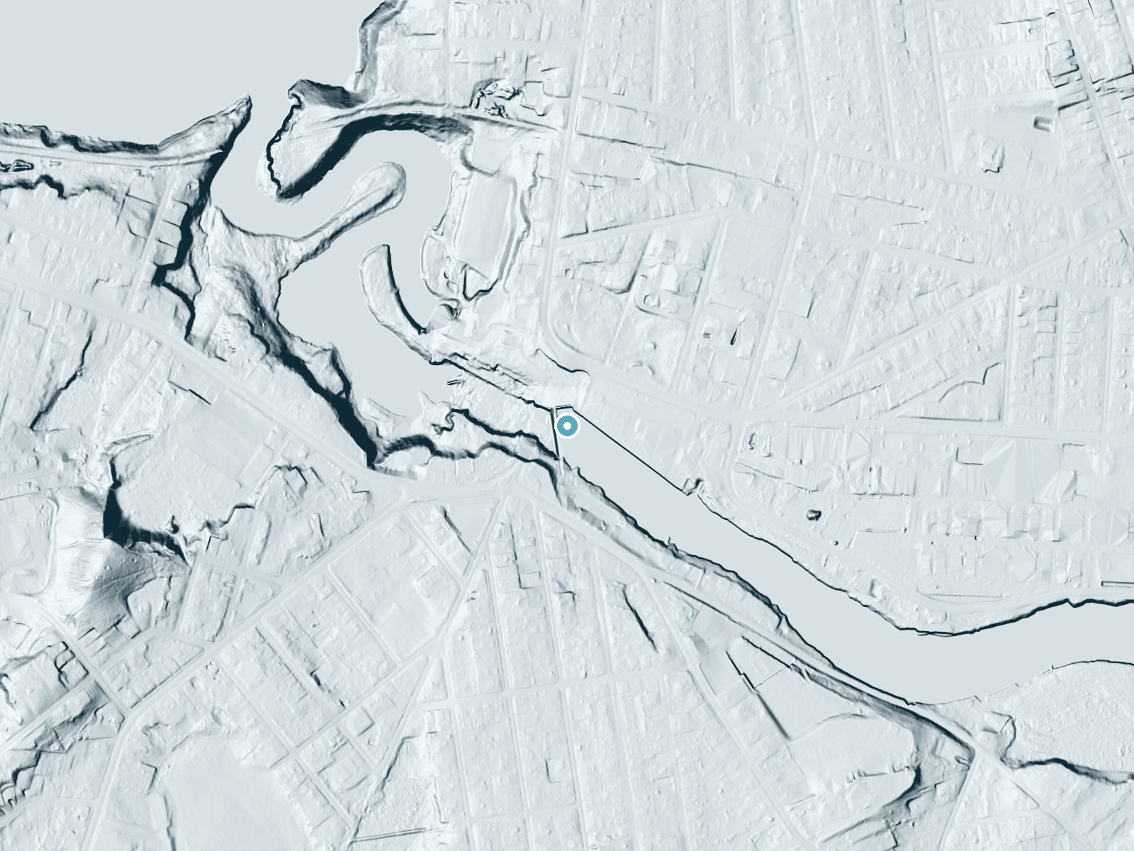 LiDAR bare-earth terrain around Wallamanumps Falls near Springfield, Massachusetts, showing about 49 feet of drop, a long cascade, facing west