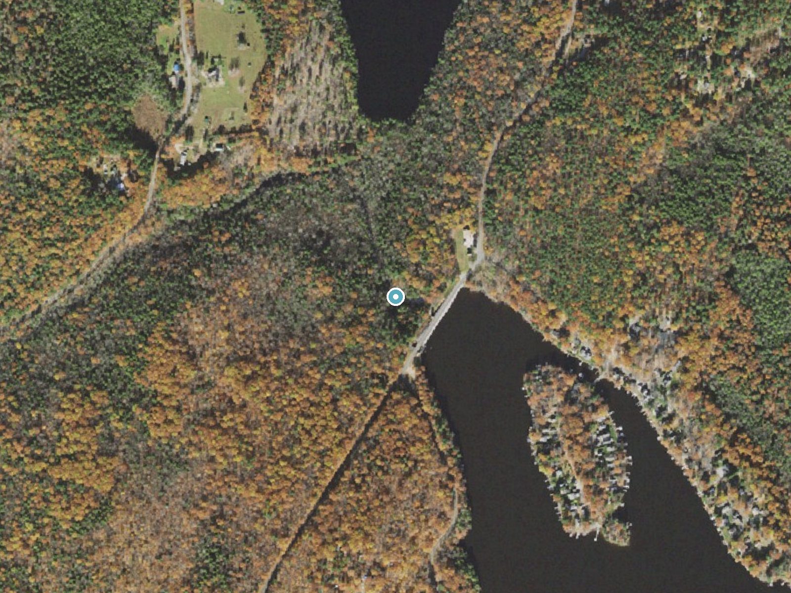 Aerial photo of the same ground around Otis Falls near Riverton, Massachusetts, for comparison with the lidar view